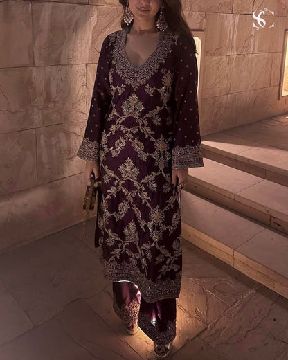 Captivating Wine Color Pure Heavy Chinon Silk With Heavy Embroidery Coding Sequence Work Palazzo Suit