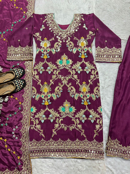 Captivating Wine Color Pure Heavy Chinon Silk With Heavy Embroidery Coding Sequence Work Palazzo Suit
