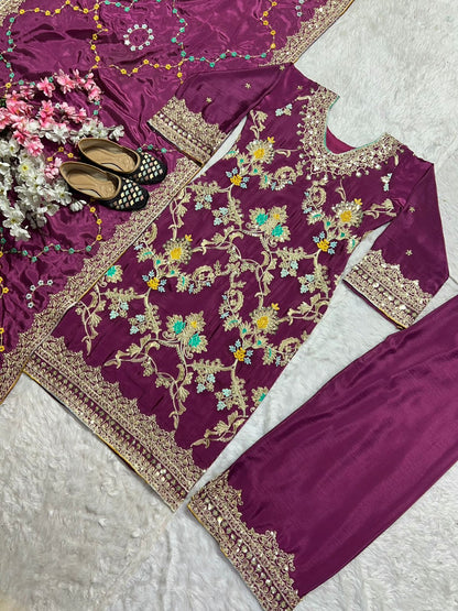 Captivating Wine Color Pure Heavy Chinon Silk With Heavy Embroidery Coding Sequence Work Palazzo Suit