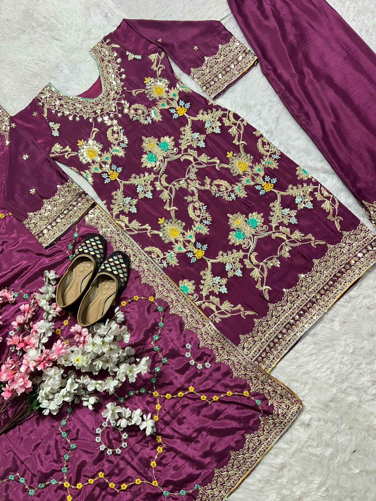 Captivating Wine Color Pure Heavy Chinon Silk With Heavy Embroidery Coding Sequence Work Palazzo Suit