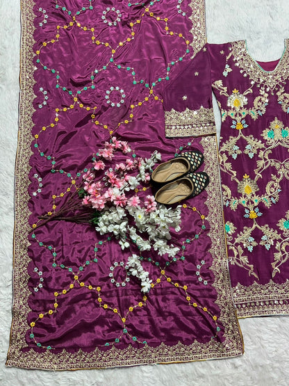 Captivating Wine Color Pure Heavy Chinon Silk With Heavy Embroidery Coding Sequence Work Palazzo Suit