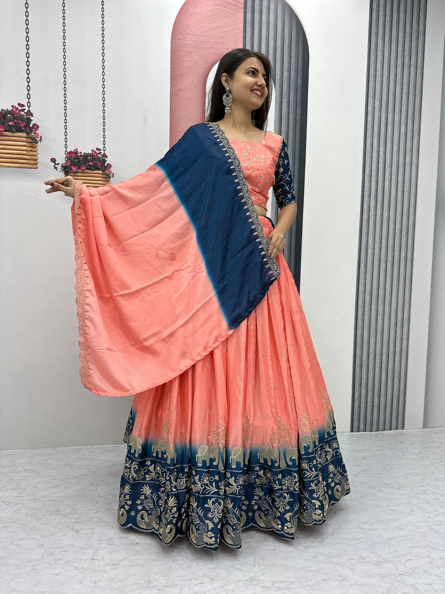 Fashionable Peach And Blue Color Chinon And Embroidery Thread Work Lehenga Choli
