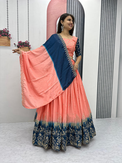 Fashionable Peach And Blue Color Chinon And Embroidery Thread Work Lehenga Choli