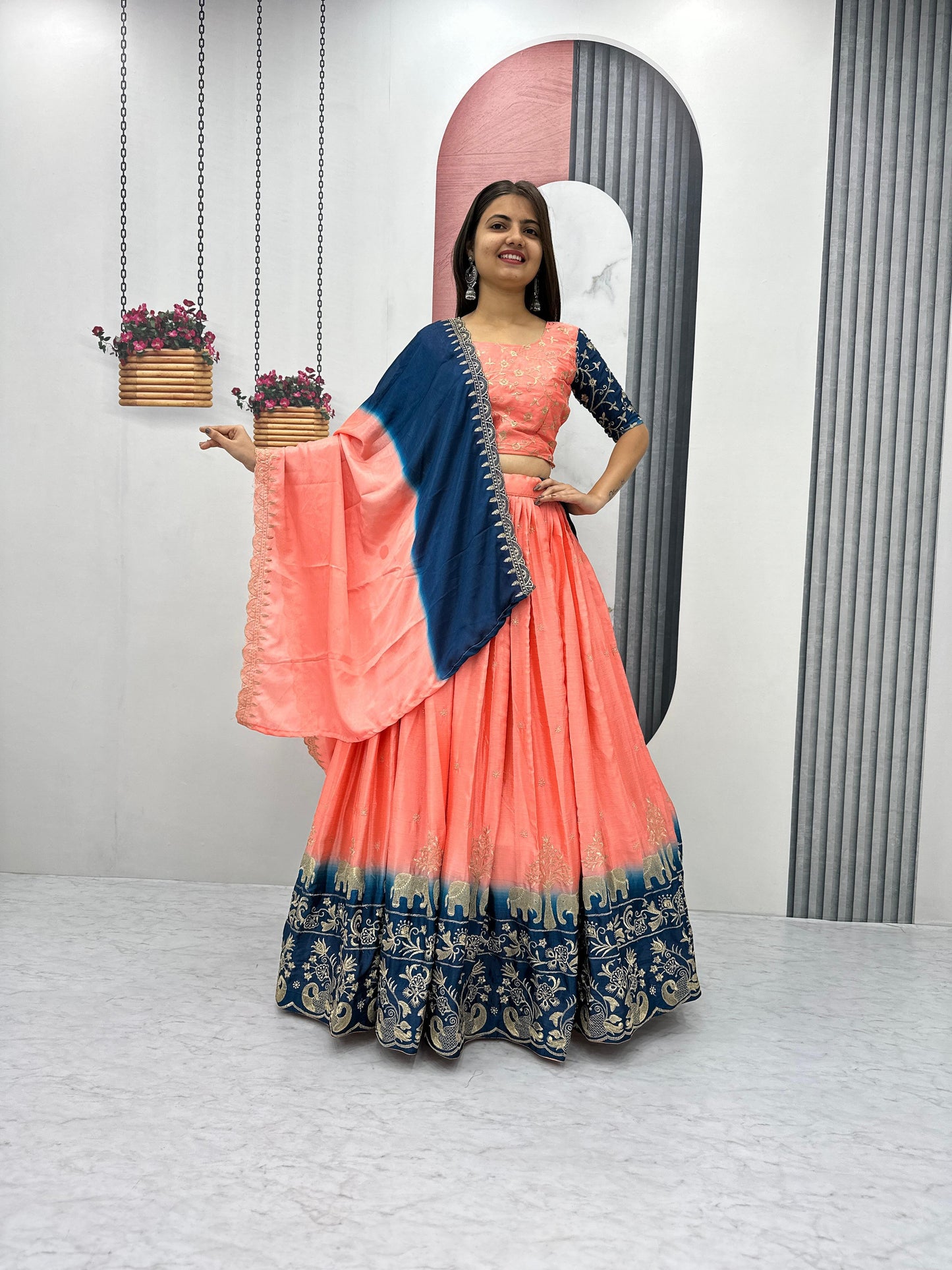 Fashionable Peach And Blue Color Chinon And Embroidery Thread Work Lehenga Choli