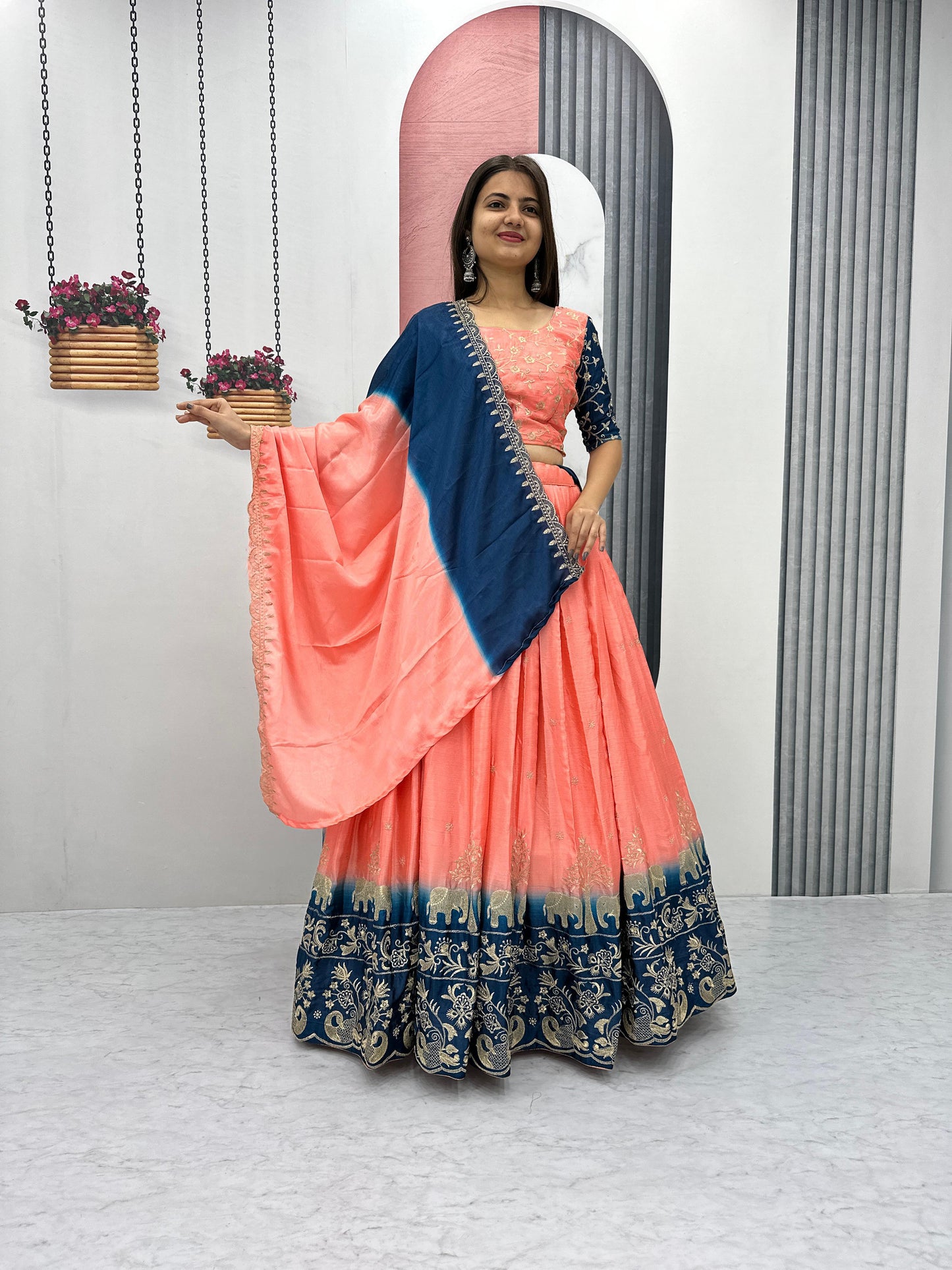 Fashionable Peach And Blue Color Chinon And Embroidery Thread Work Lehenga Choli
