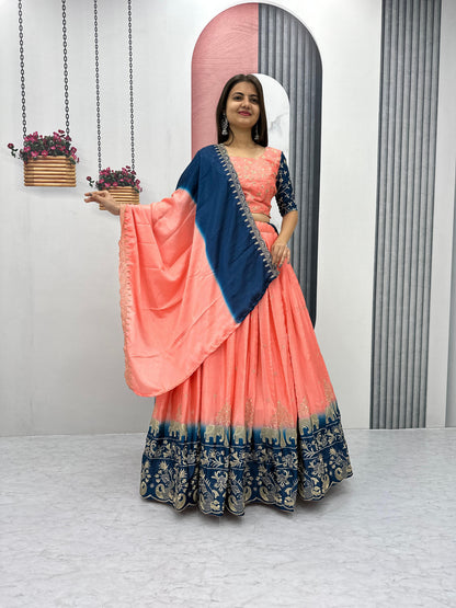 Fashionable Peach And Blue Color Chinon And Embroidery Thread Work Lehenga Choli
