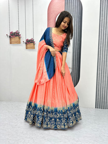Fashionable Peach And Blue Color Chinon And Embroidery Thread Work Lehenga Choli