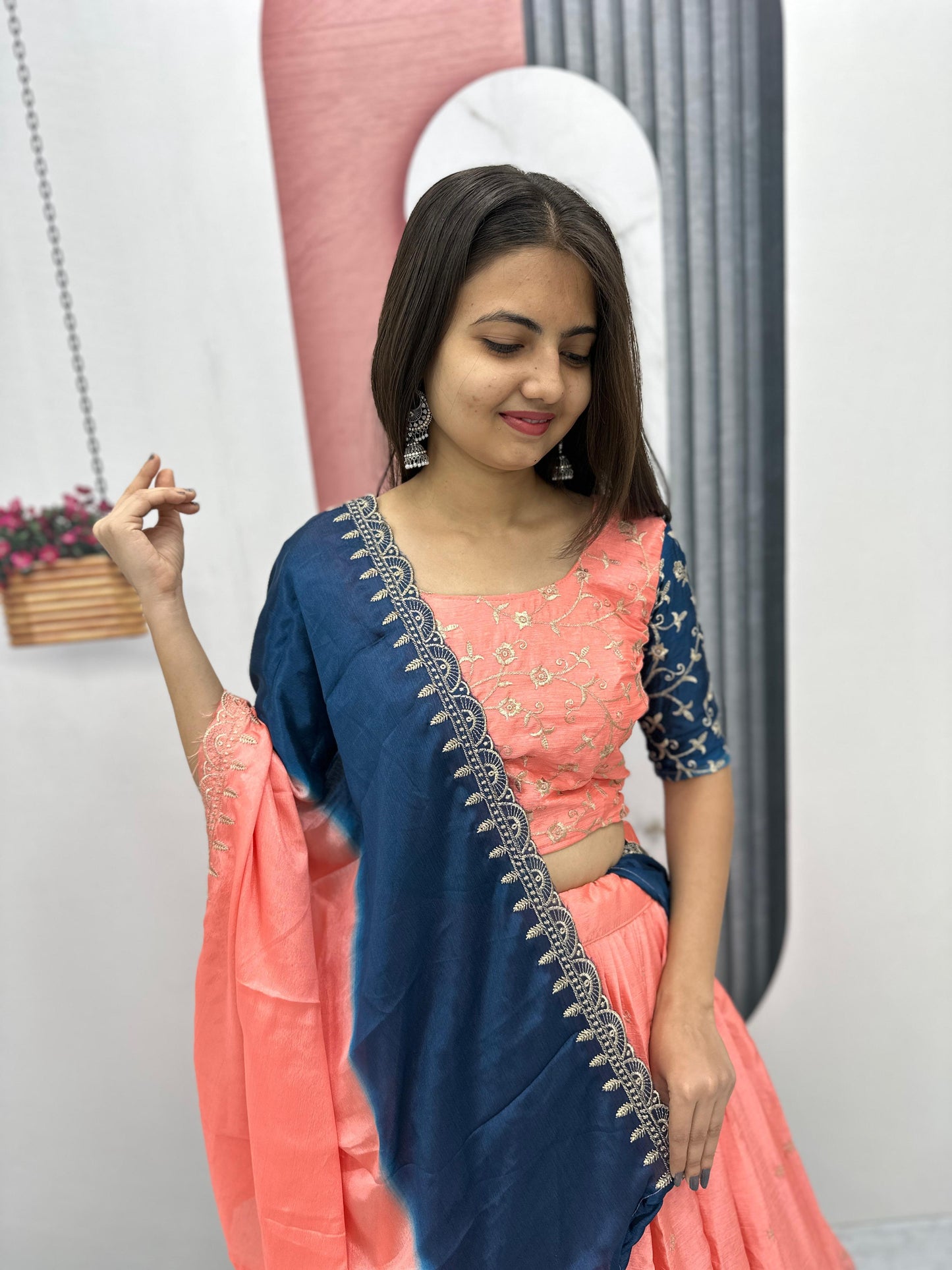 Fashionable Peach And Blue Color Chinon And Embroidery Thread Work Lehenga Choli