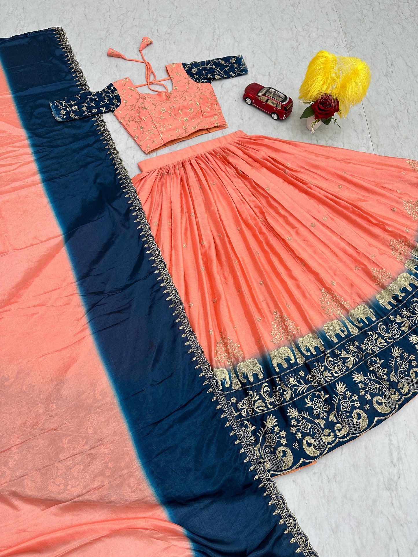 Fashionable Peach And Blue Color Chinon And Embroidery Thread Work Lehenga Choli