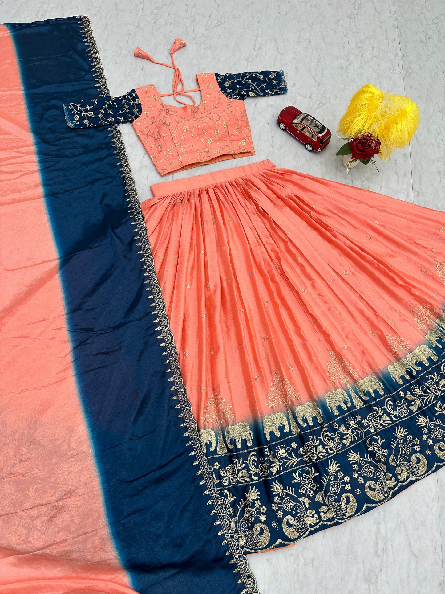 Fashionable Peach And Blue Color Chinon And Embroidery Thread Work Lehenga Choli