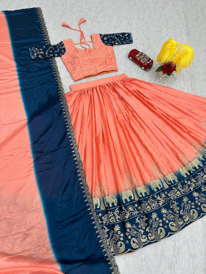 Fashionable Peach And Blue Color Chinon And Embroidery Thread Work Lehenga Choli