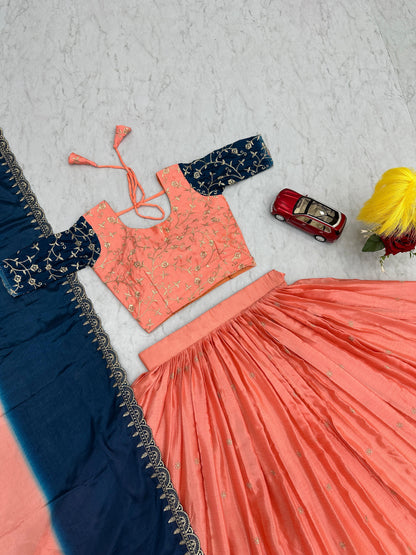Fashionable Peach And Blue Color Chinon And Embroidery Thread Work Lehenga Choli