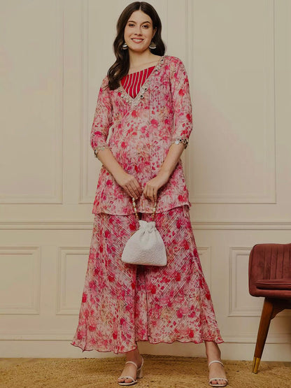 Designer Baby Pink Color Digital Print With Real Mirror Work Neck Beautiful Palazoo Suit
