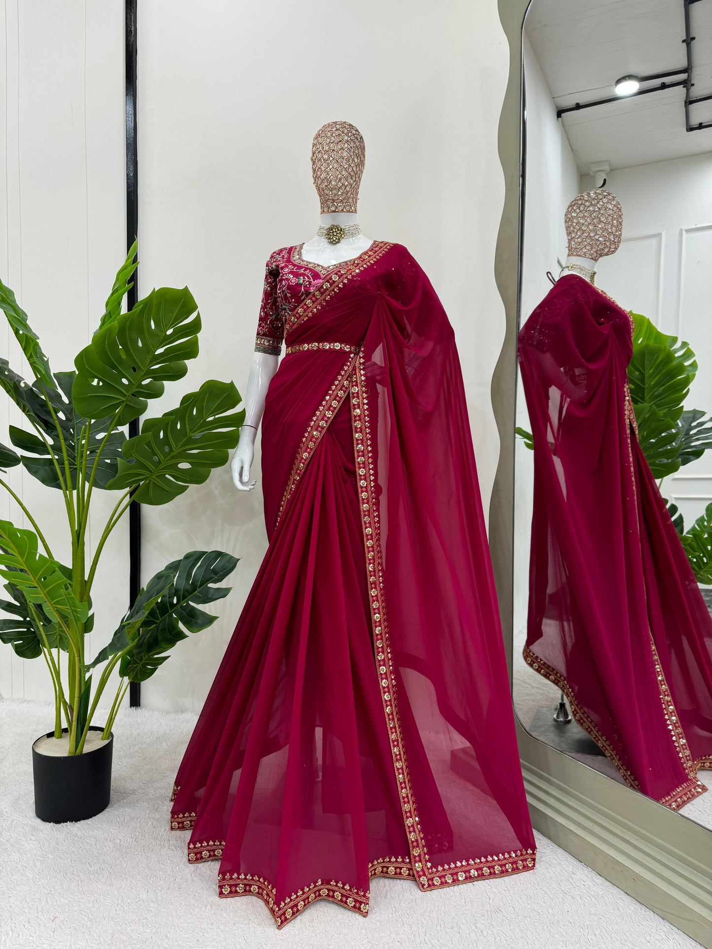 Embellished Maroon Color Faux Georgette Thread And Sequence Work Saree