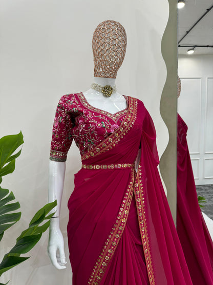 Embellished Maroon Color Faux Georgette Thread And Sequence Work Saree