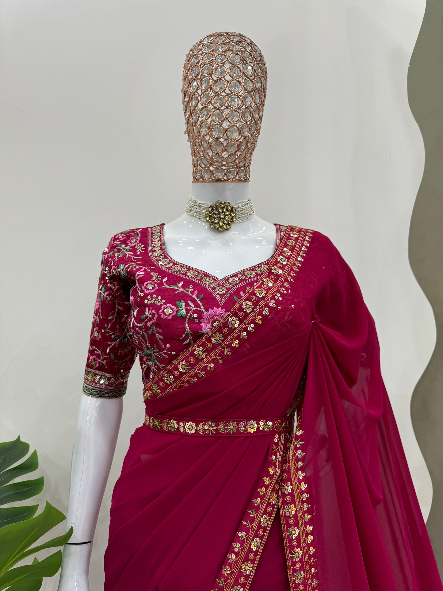 Embellished Maroon Color Faux Georgette Thread And Sequence Work Saree