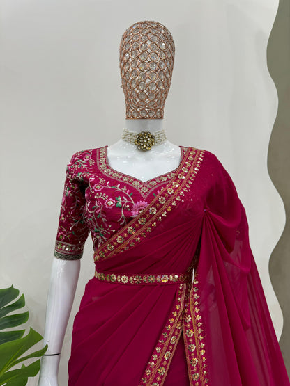 Embellished Maroon Color Faux Georgette Thread And Sequence Work Saree