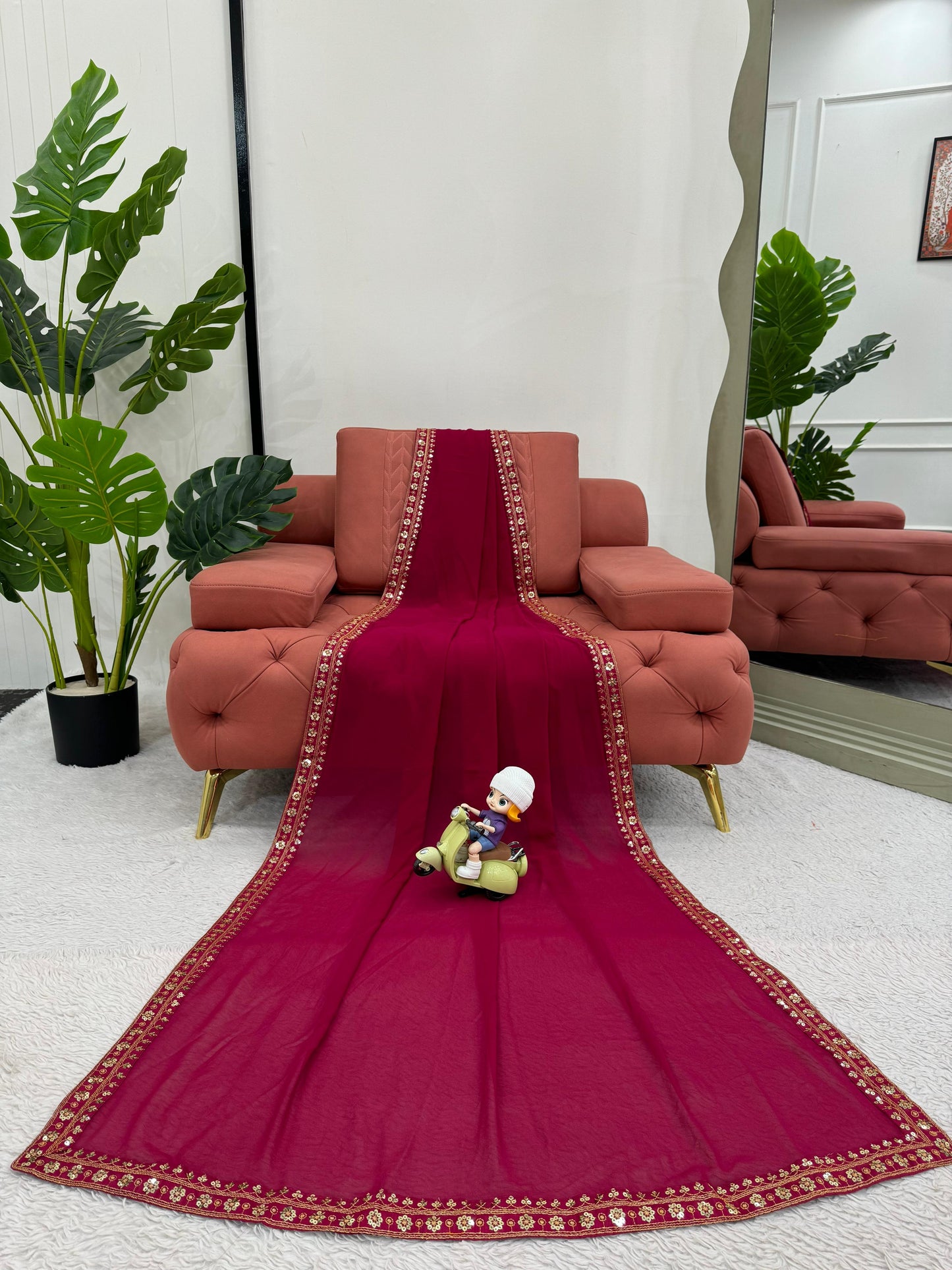 Embellished Maroon Color Faux Georgette Thread And Sequence Work Saree