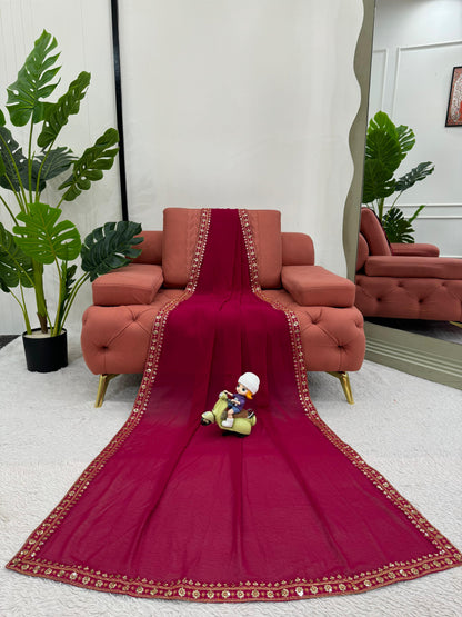 Embellished Maroon Color Faux Georgette Thread And Sequence Work Saree