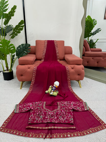 Embellished Maroon Color Faux Georgette Thread And Sequence Work Saree