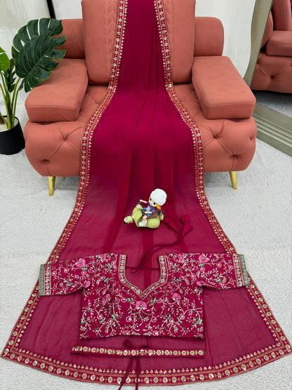 Embellished Maroon Color Faux Georgette Thread And Sequence Work Saree