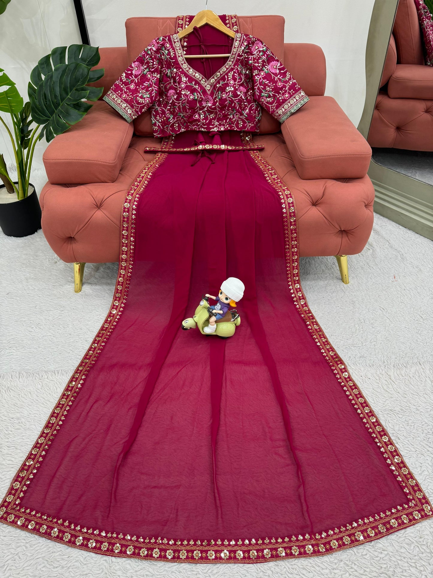 Embellished Maroon Color Faux Georgette Thread And Sequence Work Saree