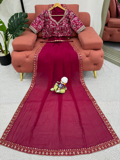 Embellished Maroon Color Faux Georgette Thread And Sequence Work Saree