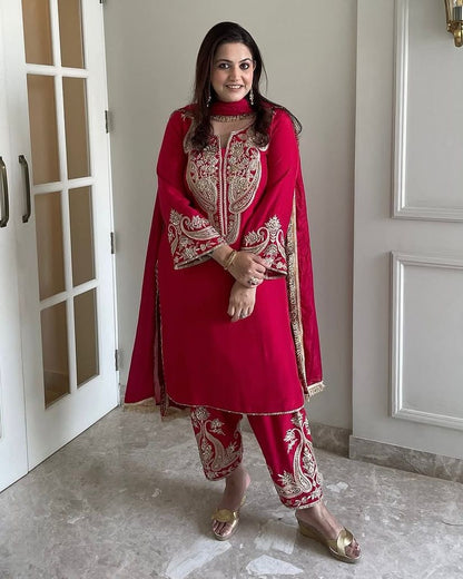 Wedding Wear Red Color Pure Chinon Silk With Embroidery Sequence Work Salwar Suit
