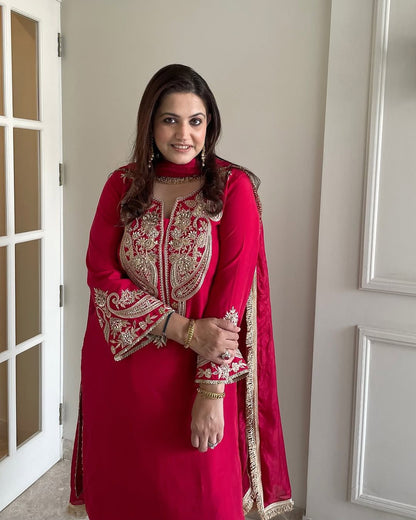 Wedding Wear Red Color Pure Chinon Silk With Embroidery Sequence Work Salwar Suit