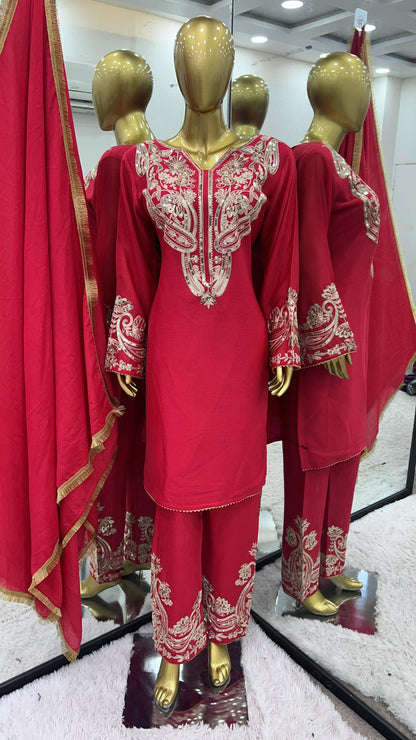 Wedding Wear Red Color Pure Chinon Silk With Embroidery Sequence Work Salwar Suit