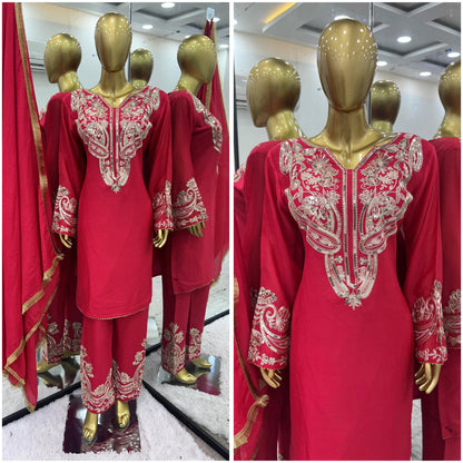 Wedding Wear Red Color Pure Chinon Silk With Embroidery Sequence Work Salwar Suit