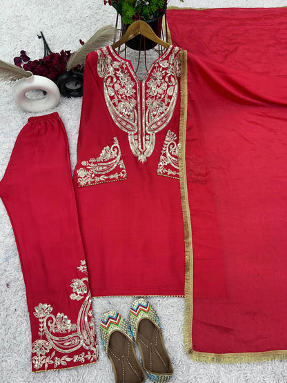 Wedding Wear Red Color Pure Chinon Silk With Embroidery Sequence Work Salwar Suit