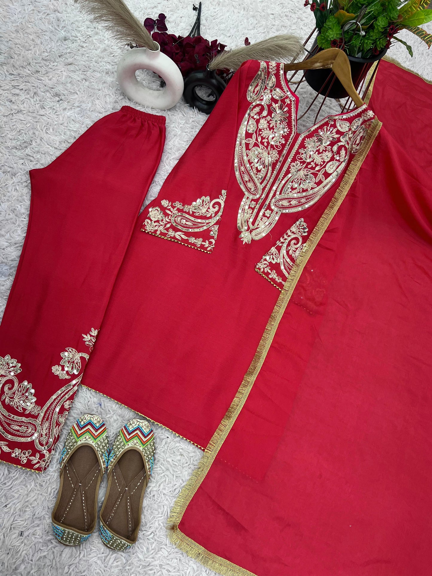 Wedding Wear Red Color Pure Chinon Silk With Embroidery Sequence Work Salwar Suit
