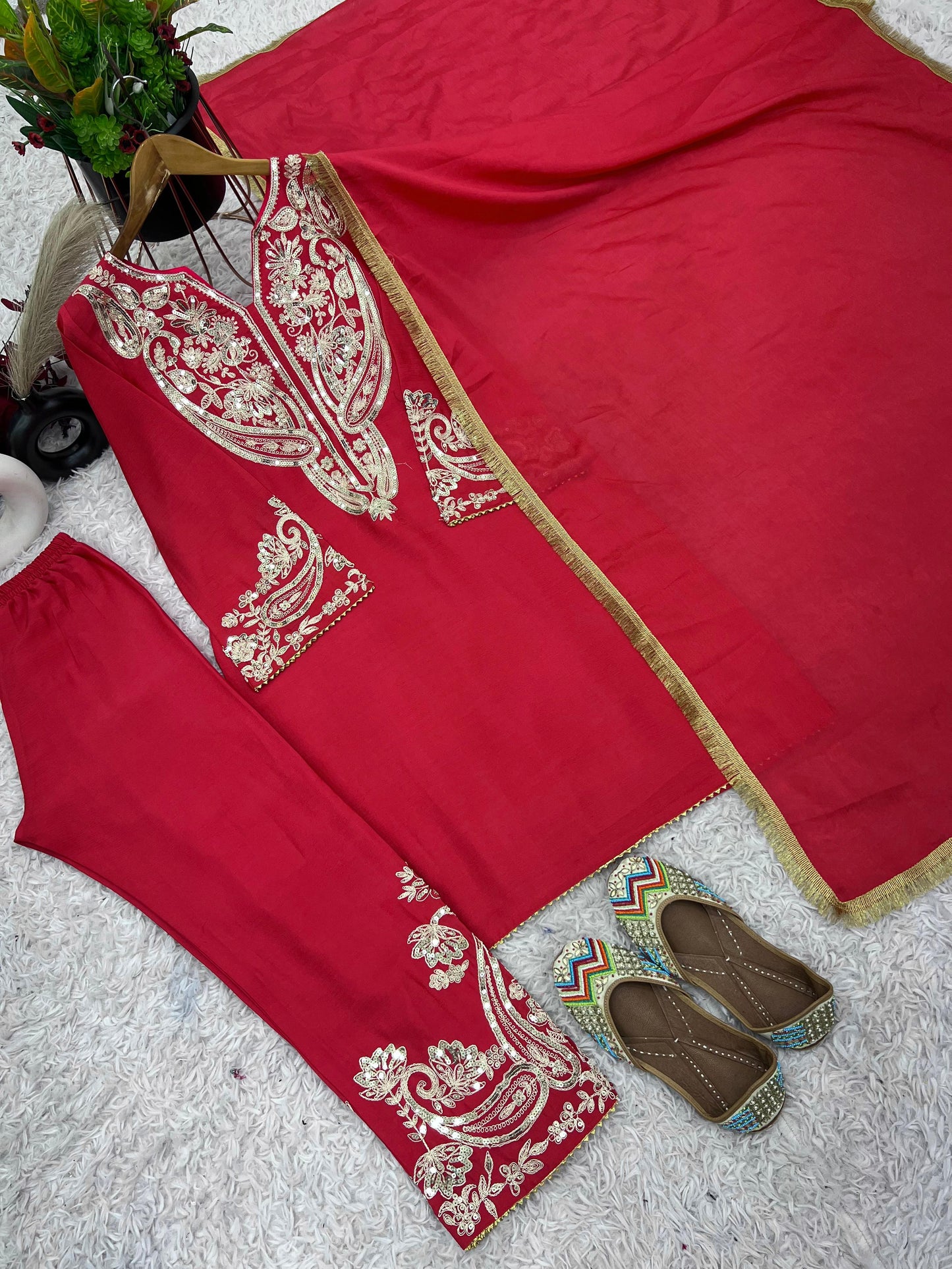 Wedding Wear Red Color Pure Chinon Silk With Embroidery Sequence Work Salwar Suit
