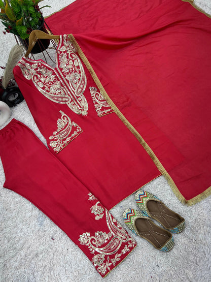 Wedding Wear Red Color Pure Chinon Silk With Embroidery Sequence Work Salwar Suit