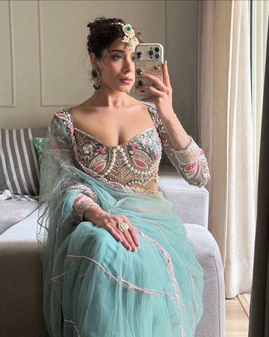 Wedding & Party Wear Hand Diamond Work Teal Blue Color saree