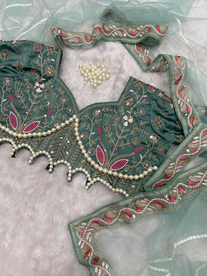 Wedding & Party Wear Hand Diamond Work Teal Blue Color saree