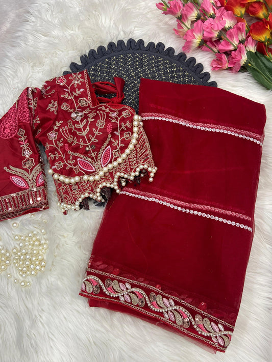 Wedding & Party Wear Hand Diamond Work Red Color saree