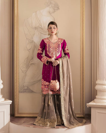 Wedding Wear Pink Color Faux Georgette With Coding And Sequence With Pearl Work Beautiful Designer Sharara Suit