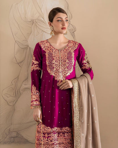 Wedding Wear Pink Color Faux Georgette With Coding And Sequence With Pearl Work Beautiful Designer Sharara Suit