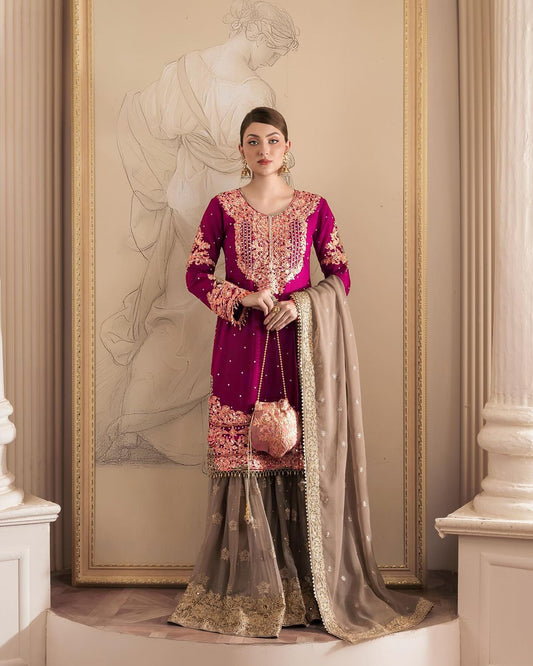 Wedding Wear Pink Color Faux Georgette With Coding And Sequence With Pearl Work Beautiful Designer Sharara Suit