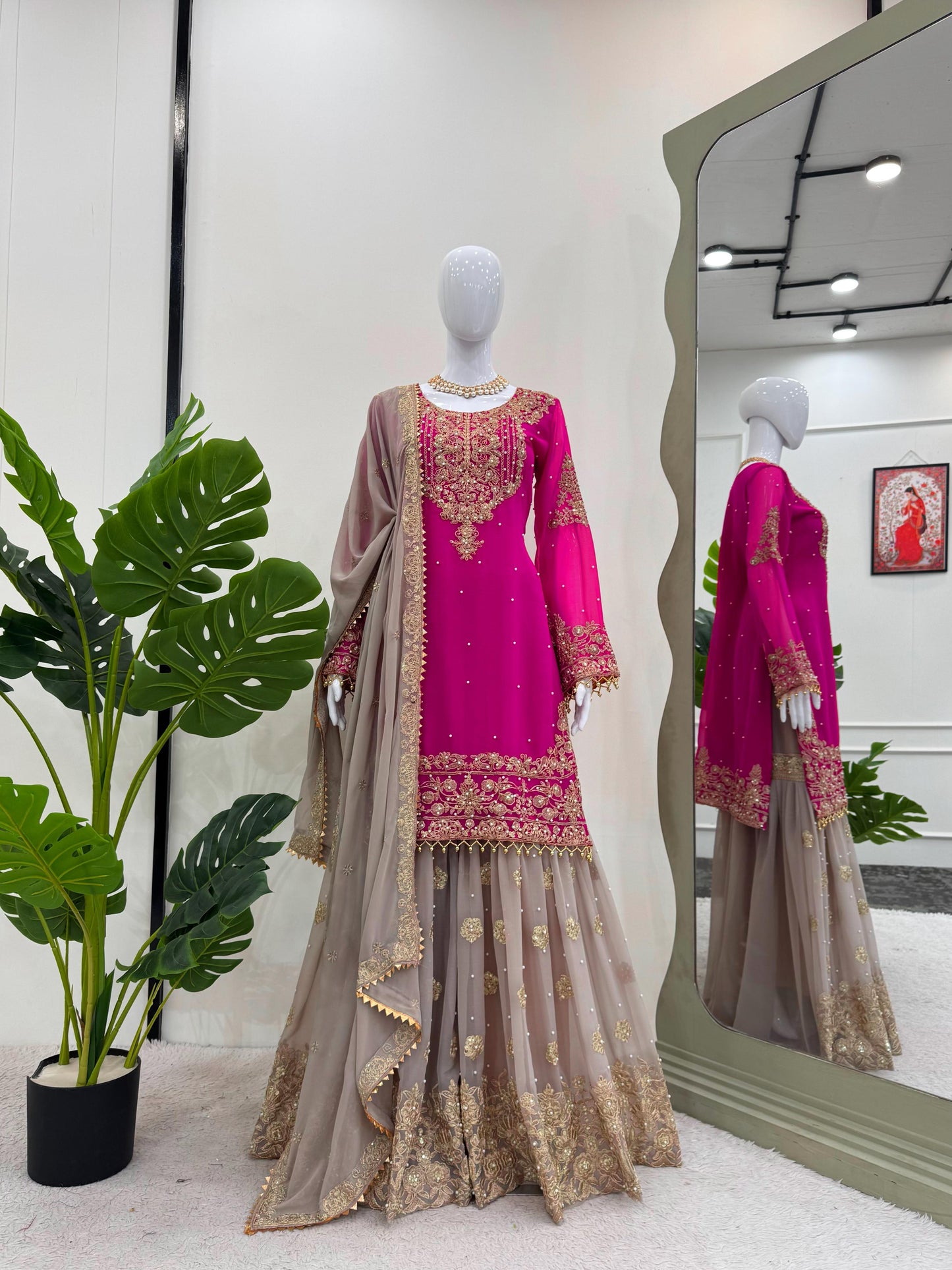 Wedding Wear Pink Color Faux Georgette With Coding And Sequence With Pearl Work Beautiful Designer Sharara Suit