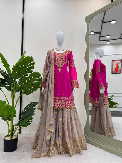 Wedding Wear Pink Color Faux Georgette With Coding And Sequence With Pearl Work Beautiful Designer Sharara Suit