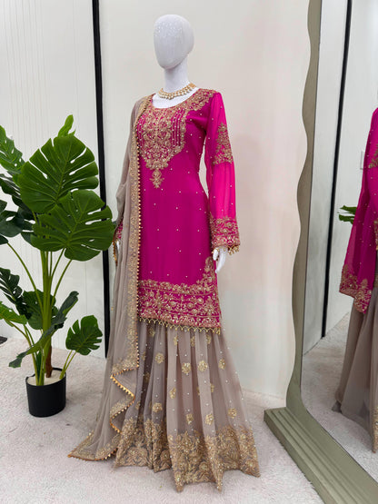Wedding Wear Pink Color Faux Georgette With Coding And Sequence With Pearl Work Beautiful Designer Sharara Suit
