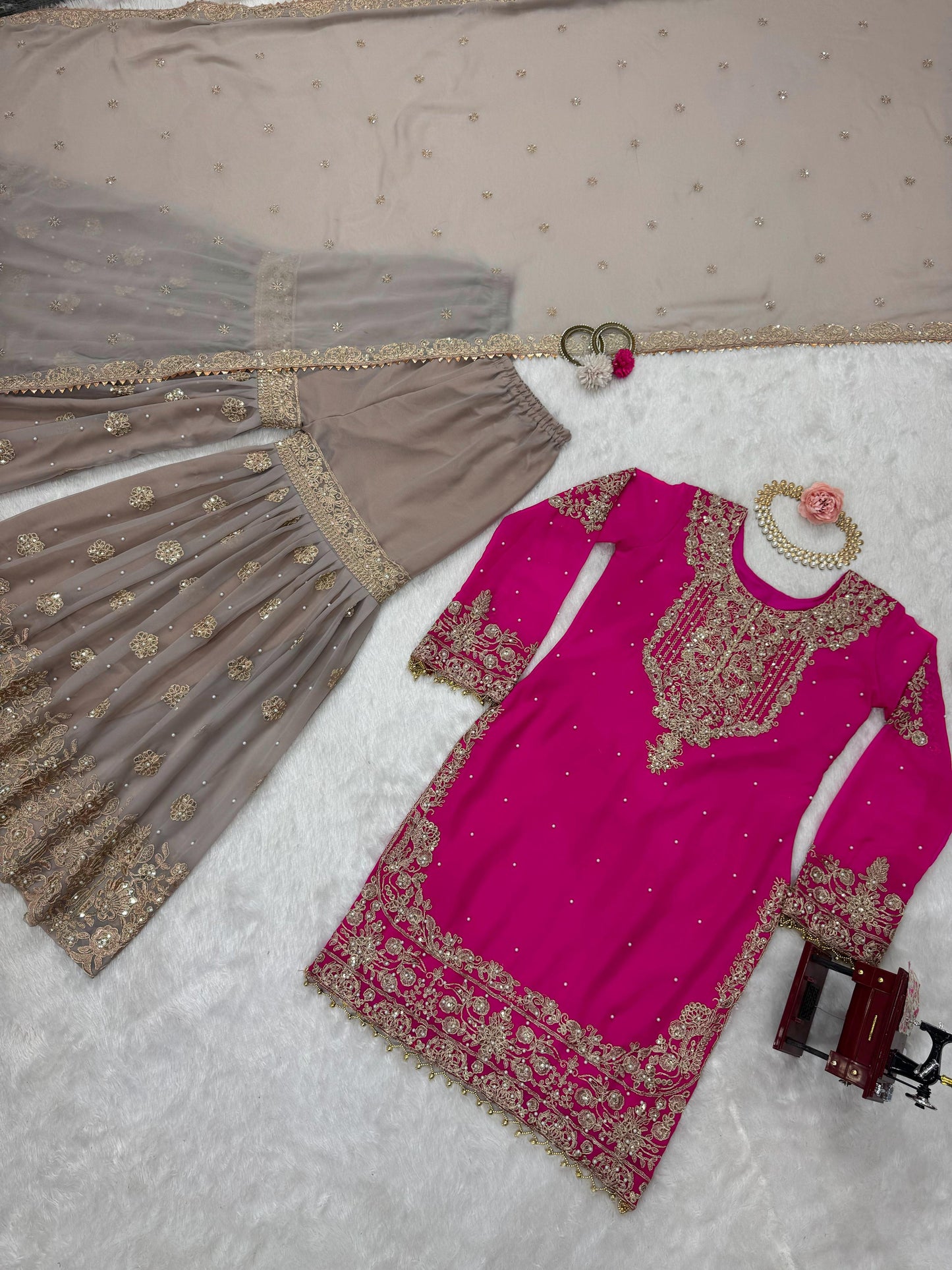 Wedding Wear Pink Color Faux Georgette With Coding And Sequence With Pearl Work Beautiful Designer Sharara Suit