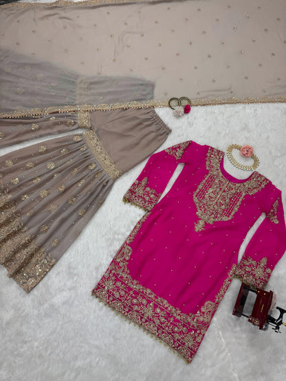 Wedding Wear Pink Color Faux Georgette With Coding And Sequence With Pearl Work Beautiful Designer Sharara Suit