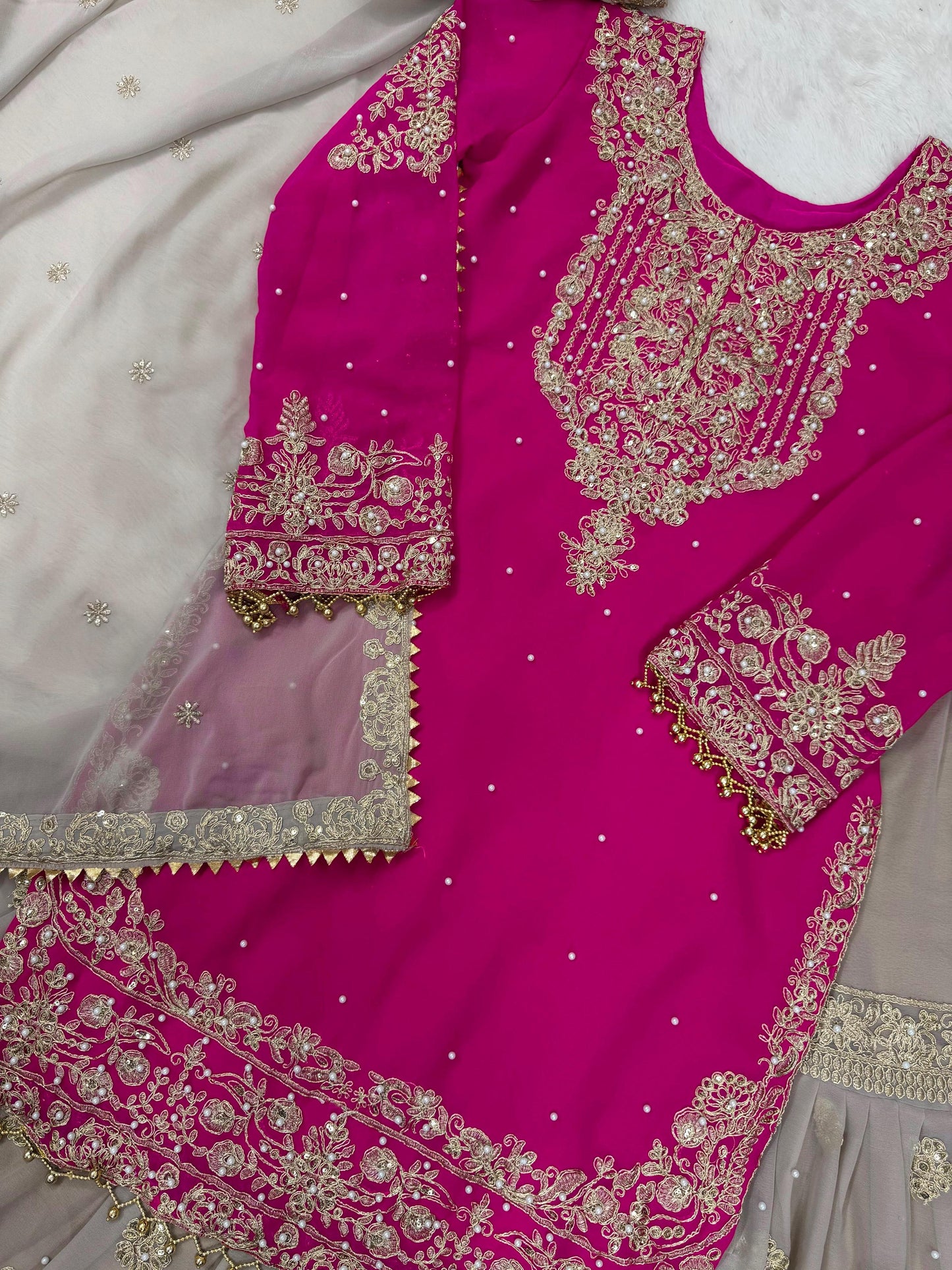 Wedding Wear Pink Color Faux Georgette With Coding And Sequence With Pearl Work Beautiful Designer Sharara Suit