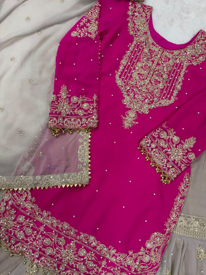 Wedding Wear Pink Color Faux Georgette With Coding And Sequence With Pearl Work Beautiful Designer Sharara Suit