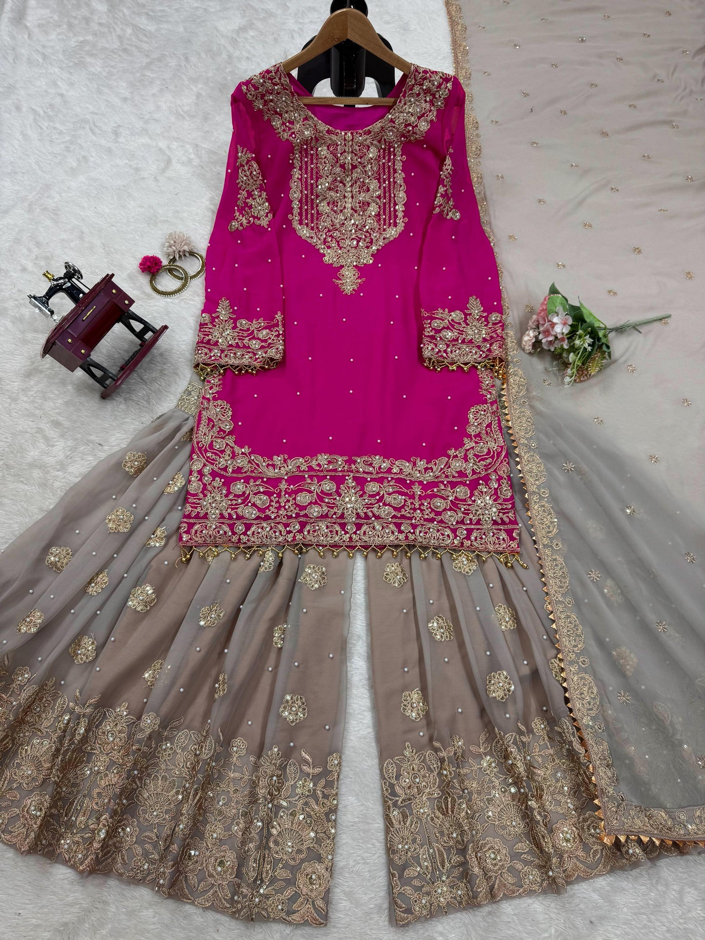 Wedding Wear Pink Color Faux Georgette With Coding And Sequence With Pearl Work Beautiful Designer Sharara Suit