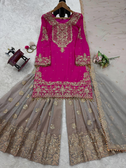 Wedding Wear Pink Color Faux Georgette With Coding And Sequence With Pearl Work Beautiful Designer Sharara Suit
